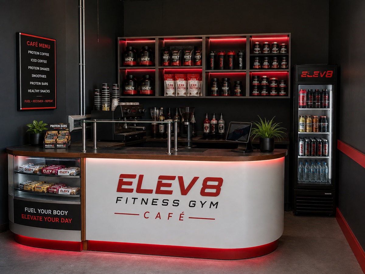 The ELEV8 Fitness Gym Café counter — espresso machine, protein bar display, supplement shelving and branded drinks fridge