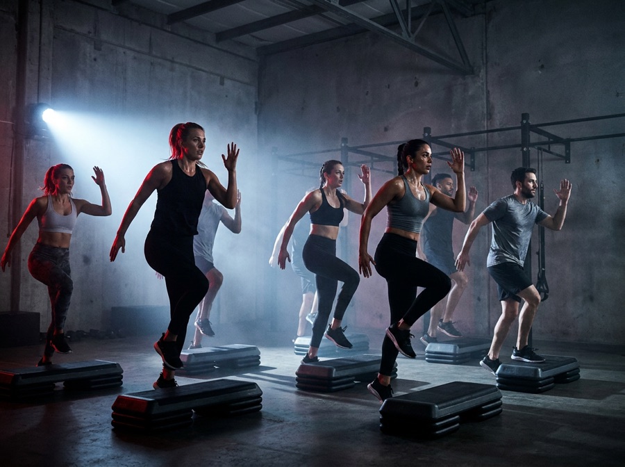 Group step aerobics class mid-routine on step platforms
