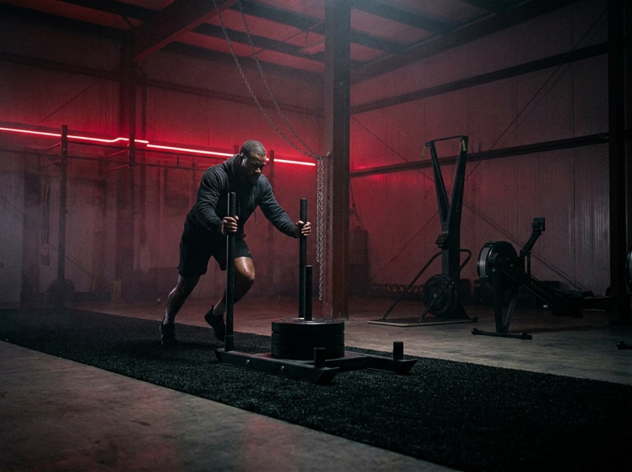 Athlete pushing a weighted sled in hybrid race training